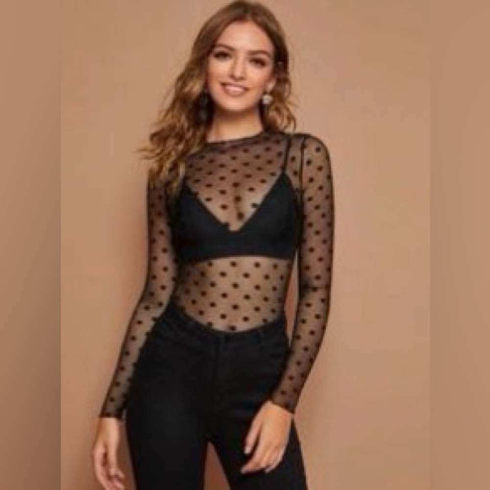 Sheer Polka Dot Mesh Top, Medium, NWOT, Black
